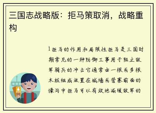 三国志战略版:拒马策取消,战略重构 三国志战略版:拒马策取消,战略重构